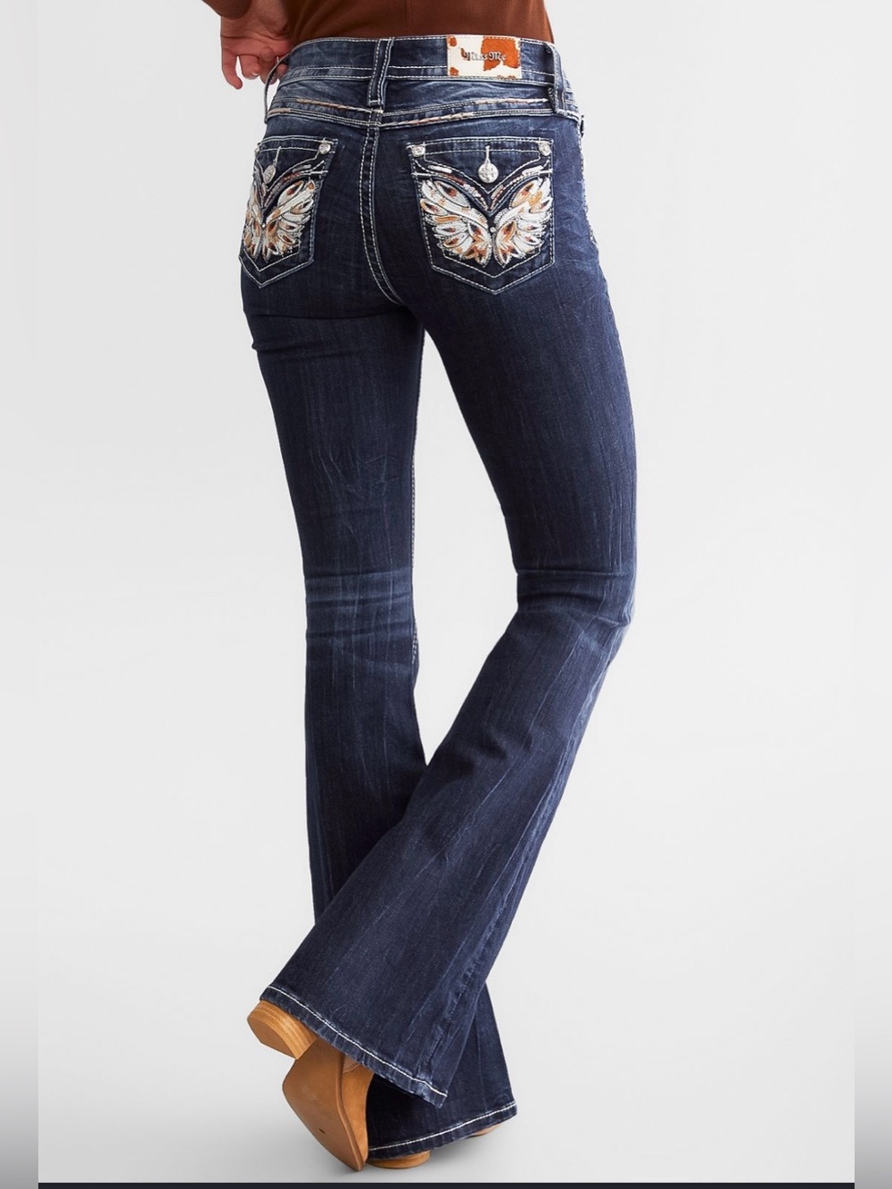 Miss Me Wing Sequin Mid Rise Flare Denim Jeans Size 27